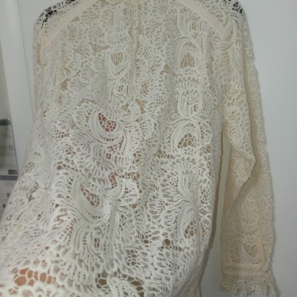 Soft Surroundings Lasalle Lace Floral Long Sleeve Sheer Ruffle Neck Cami Blouse - Picture 12 of 12